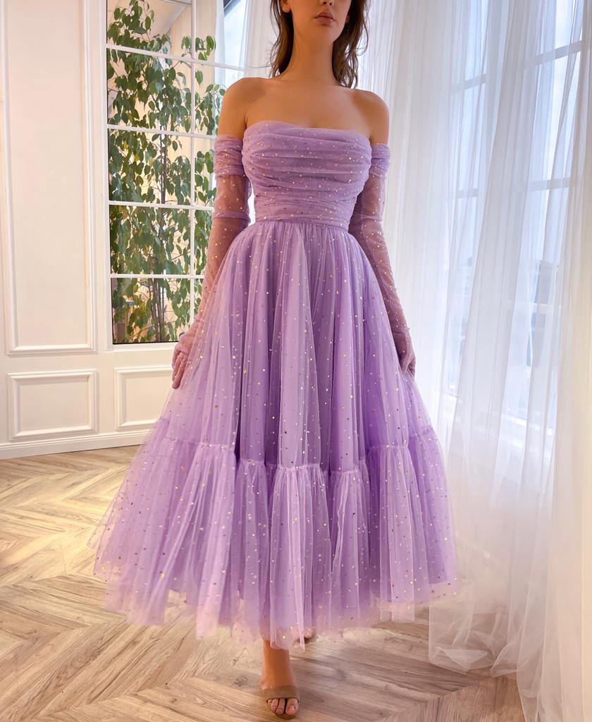 Purple midi dress with gloves and starry fabric
