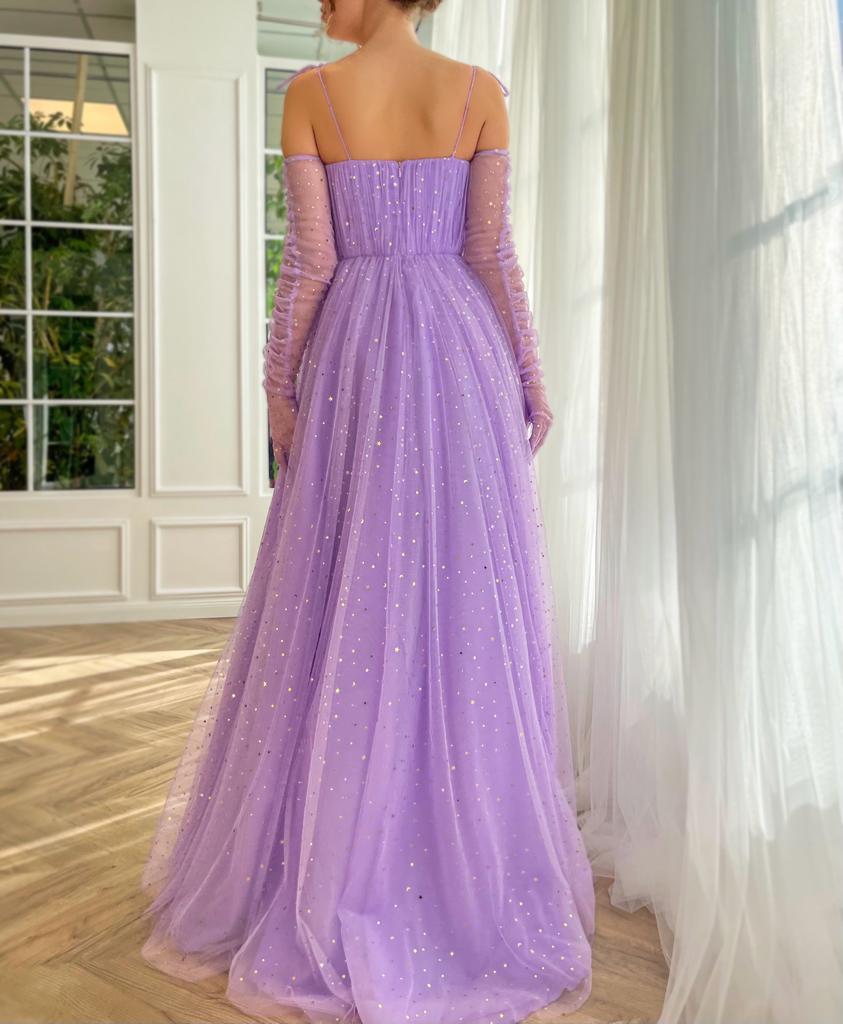 Purple A-Line dress with no sleeves, starry fabric and spaghetti straps