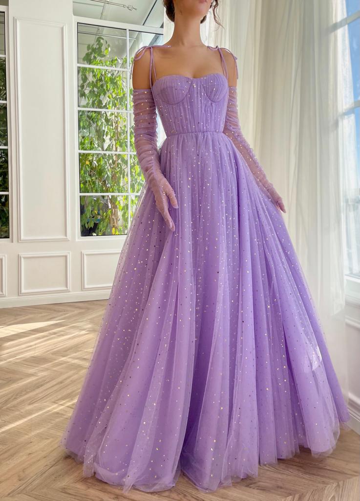 Purple A-Line dress with no sleeves, starry fabric and spaghetti straps