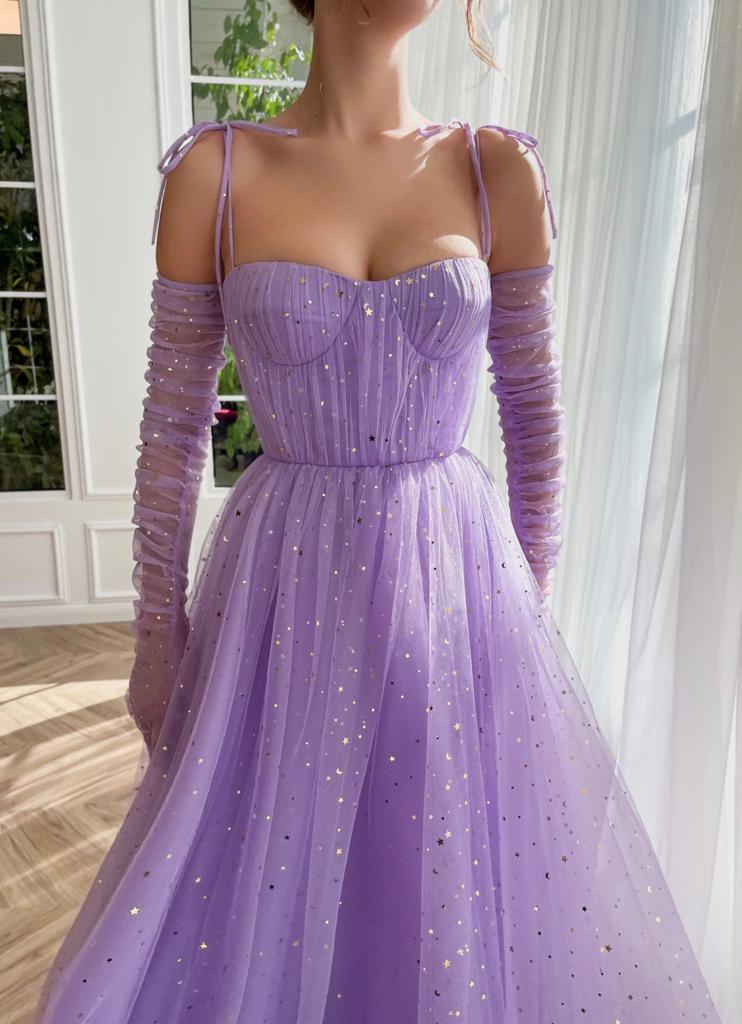 Purple A-Line dress with no sleeves, starry fabric and spaghetti straps