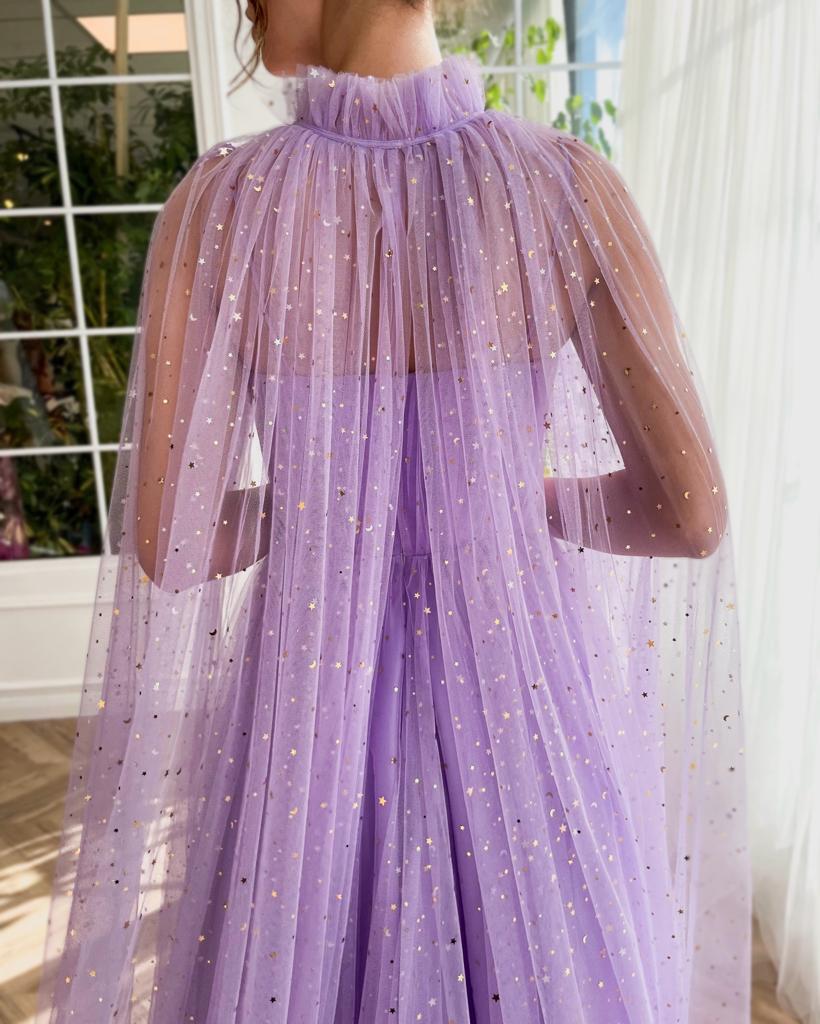 Purple A-Line dress with no sleeves, starry fabric and cape