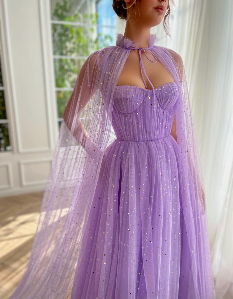 Purple A-Line dress with no sleeves, starry fabric and cape