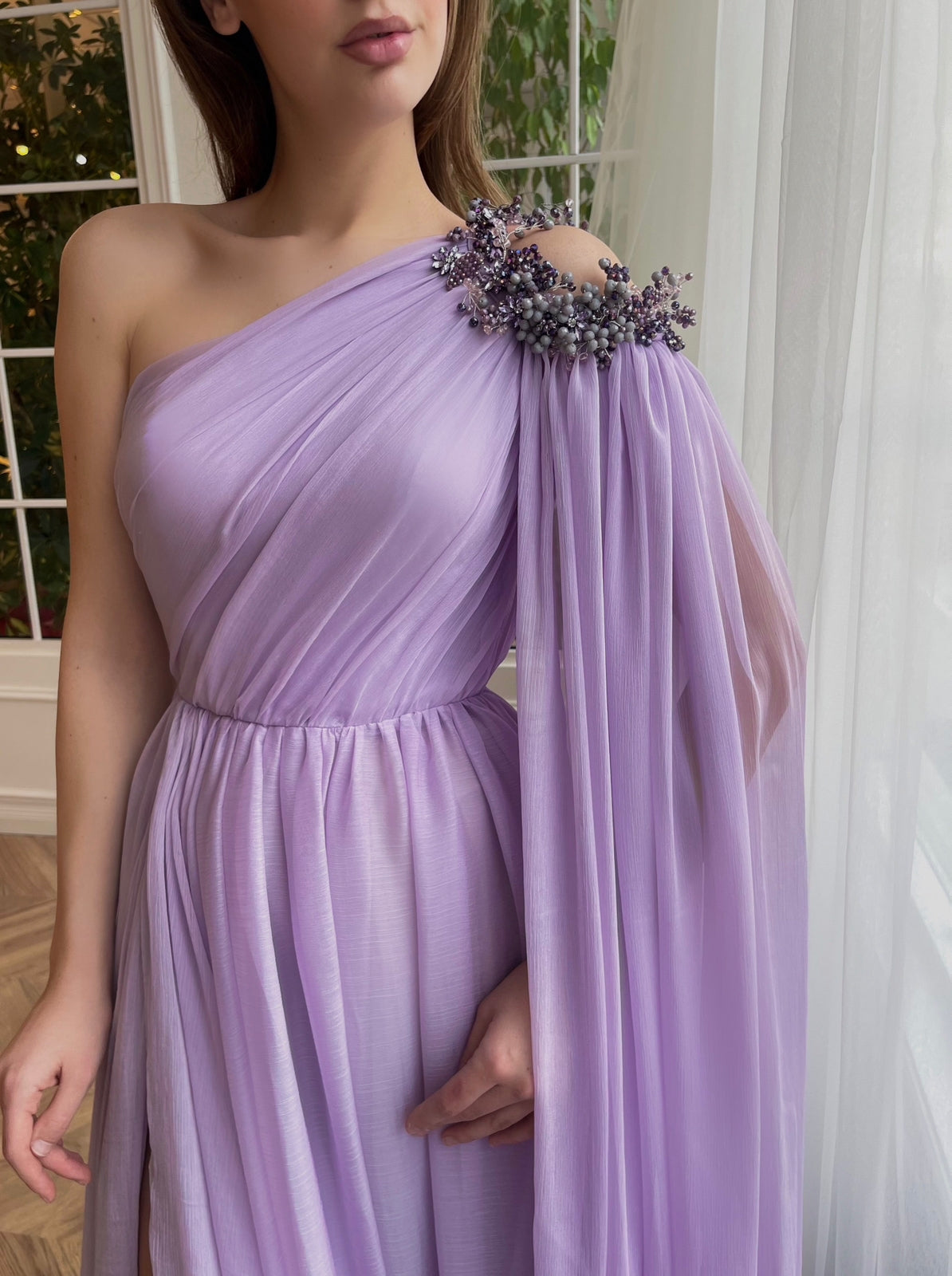 Silky purple dress with embroidery