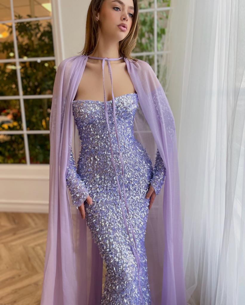 Purple mermaid dress with off the shoulder sleeves, long sleeves, sequins and cape
