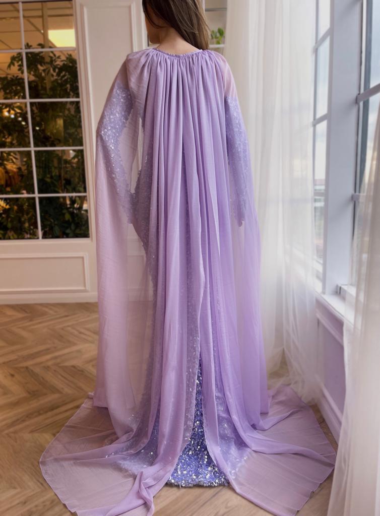 Purple mermaid dress with off the shoulder sleeves, long sleeves, sequins and cape
