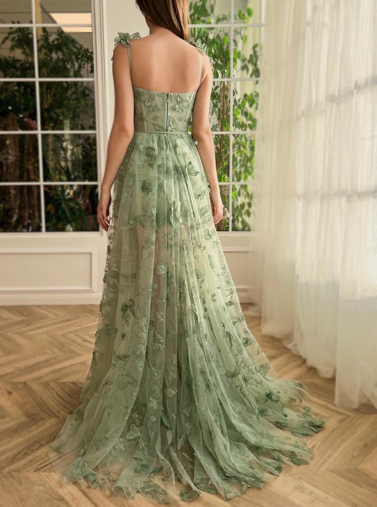 Green A-Line dress with embroidery, butterflies and spaghetti straps