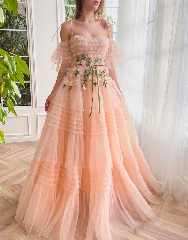 Peach A-Line dress with spaghetti straps, off the shoulder sleeves and embroidery