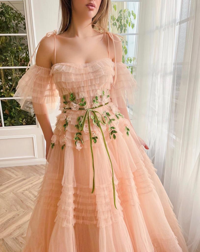 Peach A-Line dress with spaghetti straps, off the shoulder sleeves and embroidery
