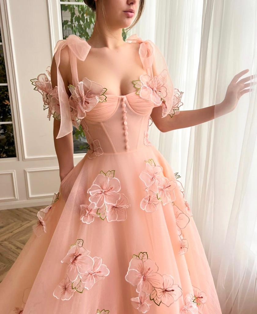 Peach A-Line dress with flowers, embroidery, off the shoulder sleeves and bow straps