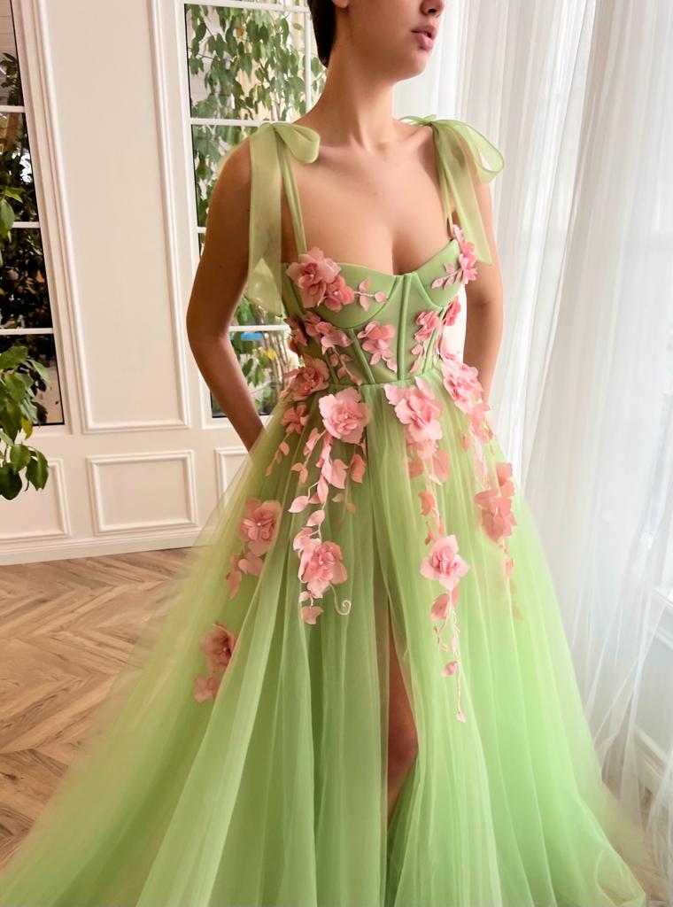 Green A-Line dress with flowers, embroidery and spaghetti straps