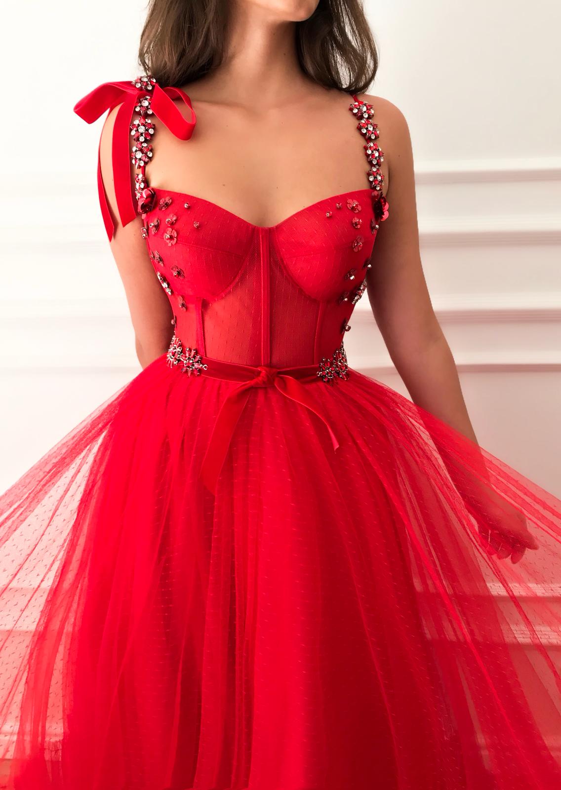 Red A-Line dress with spaghetti straps and embroidery