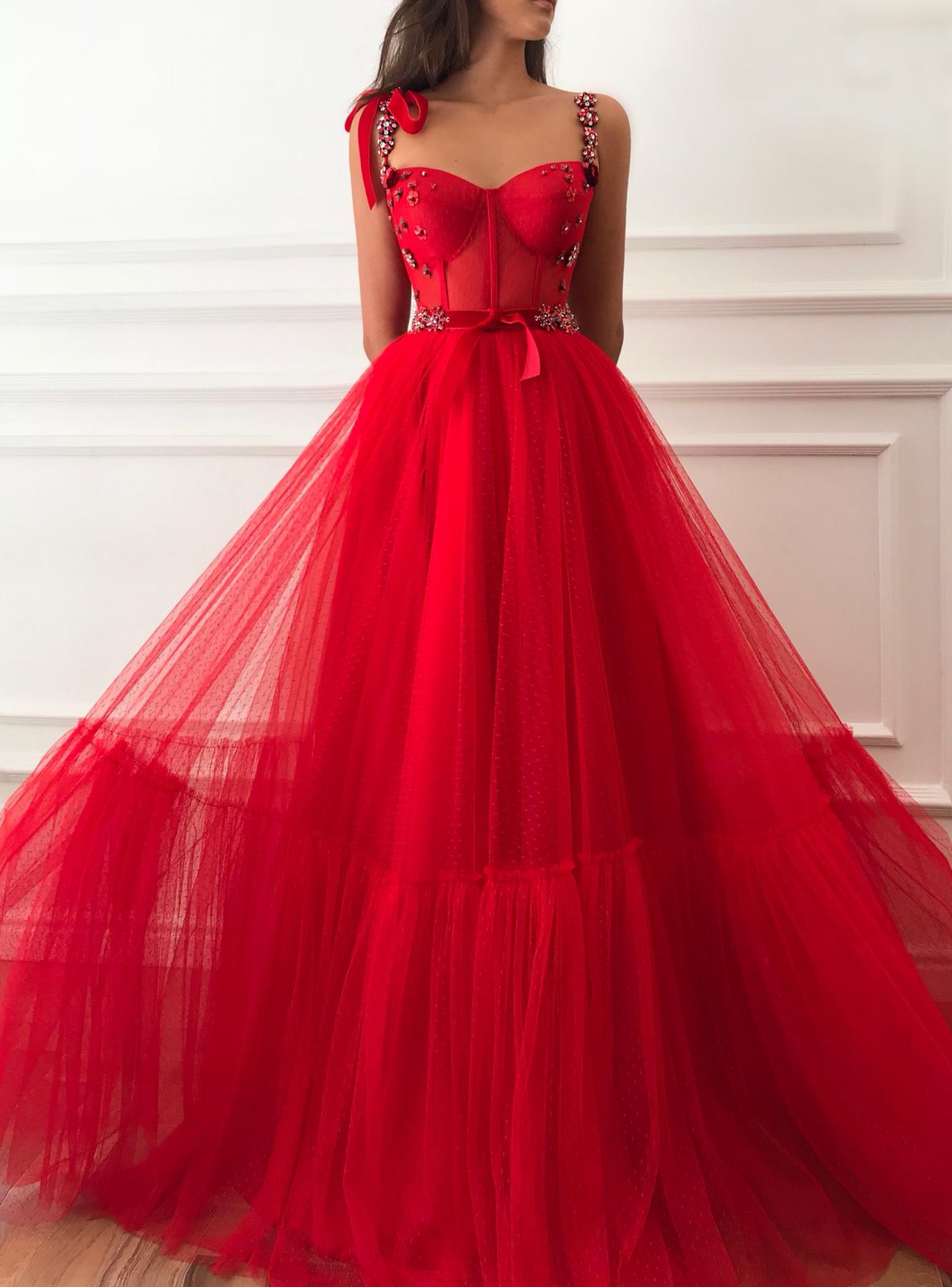 Red A-Line dress with spaghetti straps and embroidery
