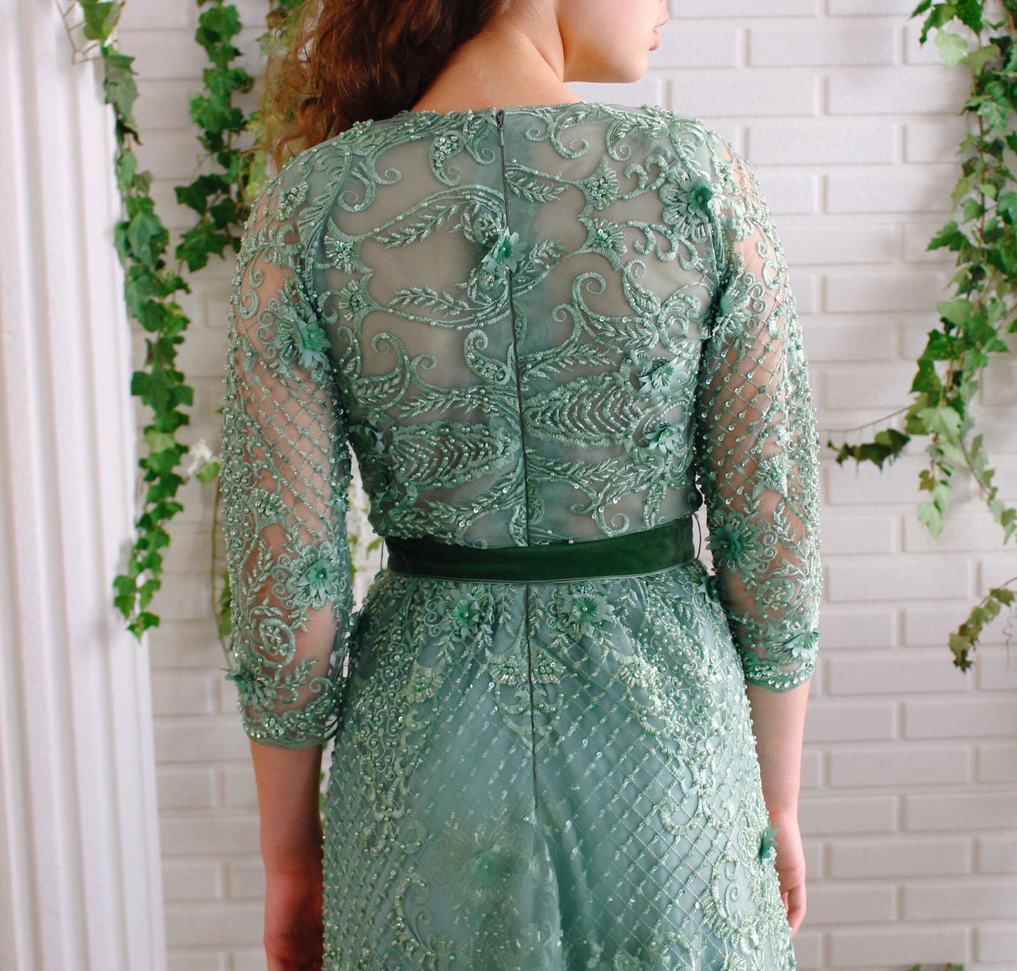 Green A-Line dress with lace, long sleeves and v-neck