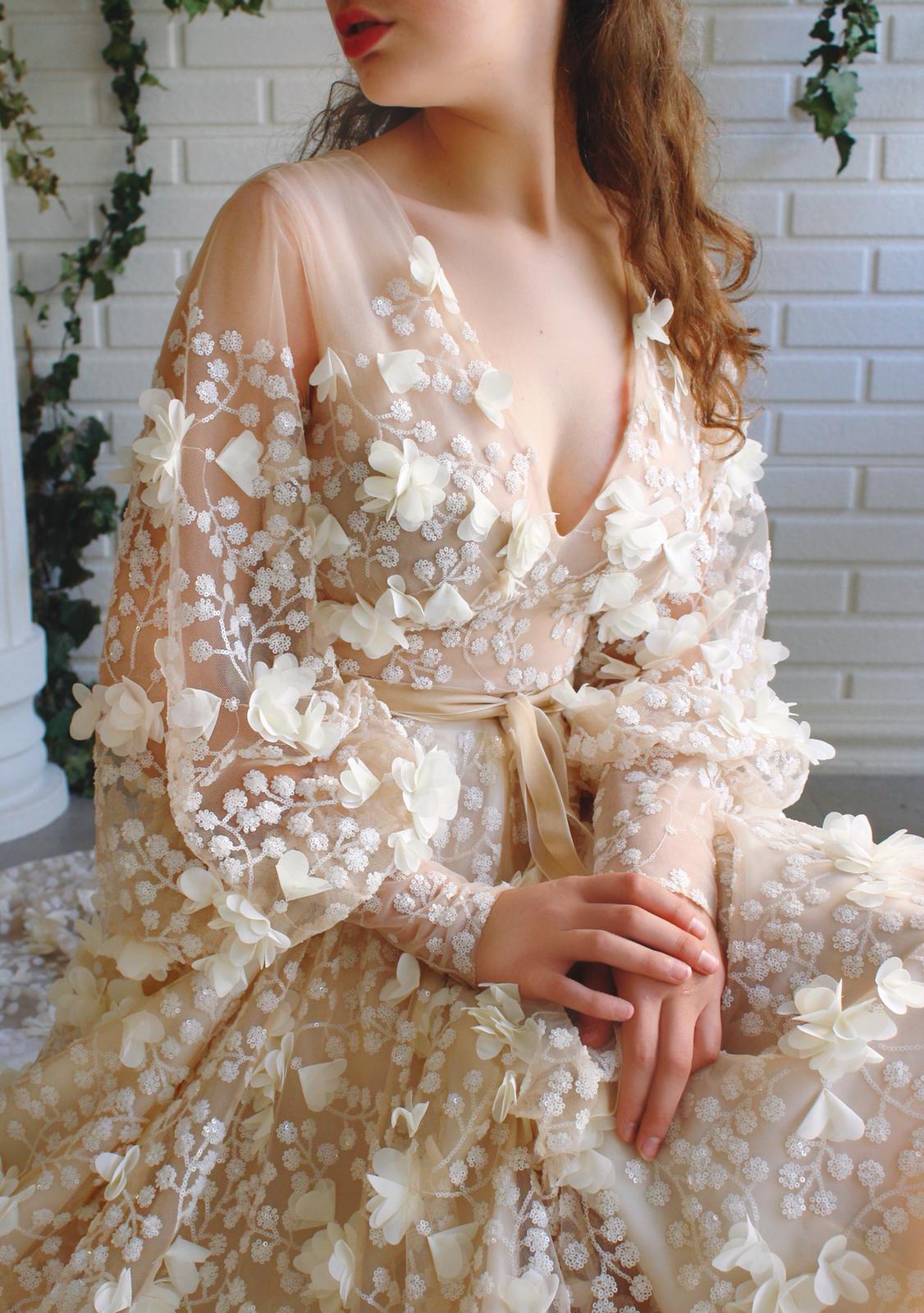 Beige A-Line dress with v-neck, long sleeves and embroidery