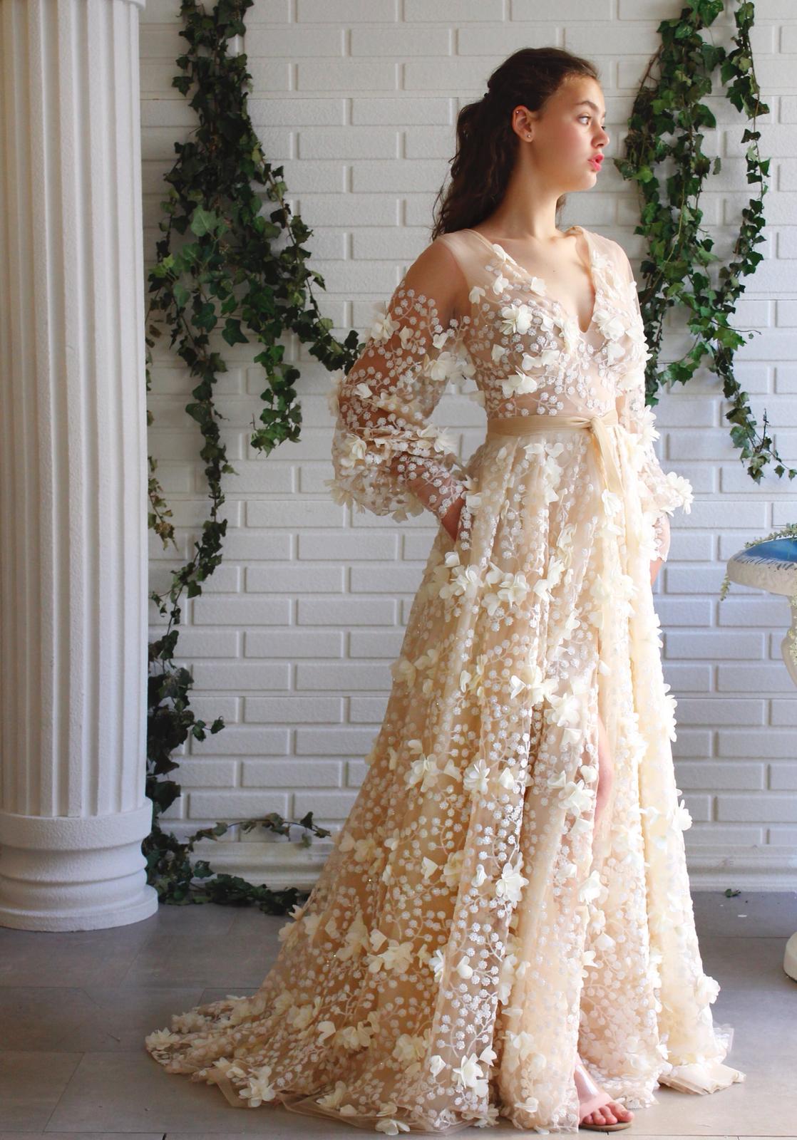 Beige A-Line dress with v-neck, long sleeves and embroidery