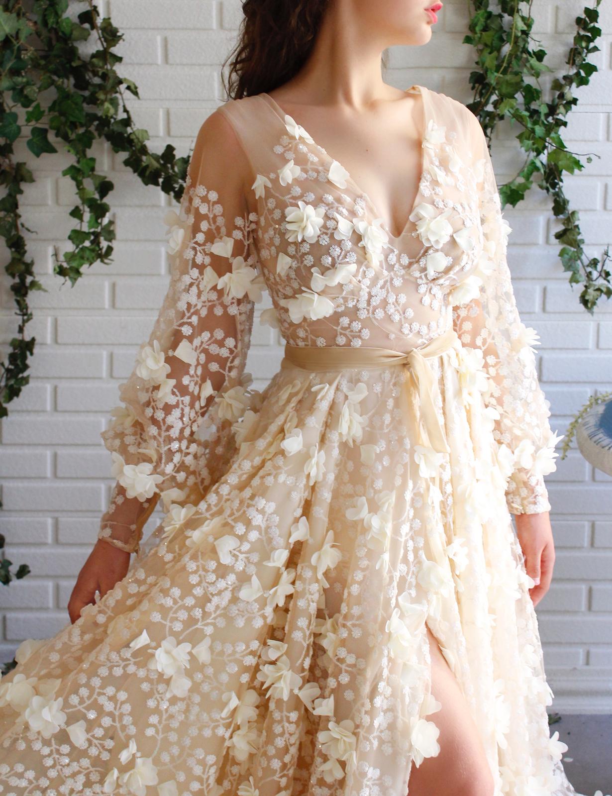 Beige A-Line dress with v-neck, long sleeves and embroidery