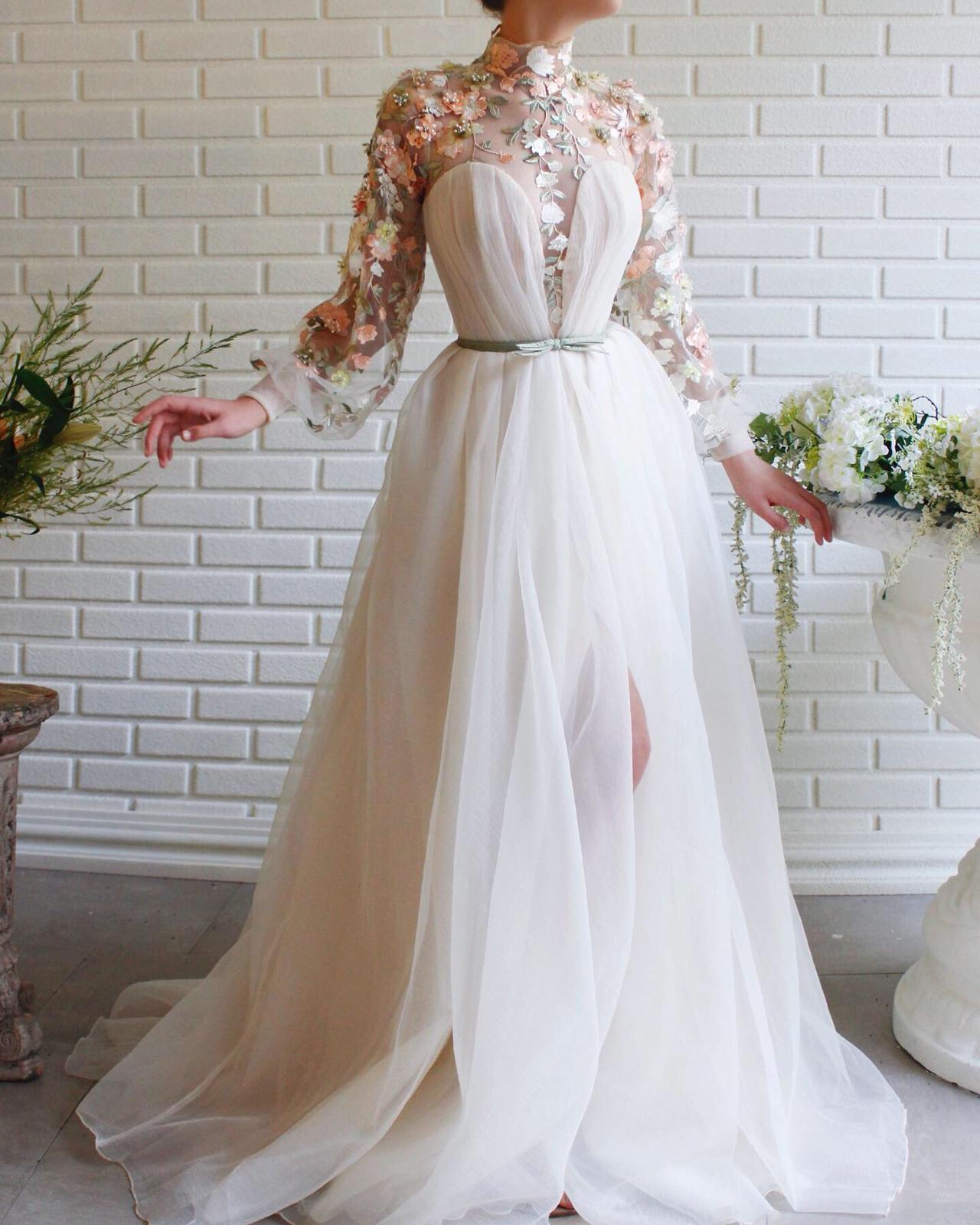 Beige A-Line dress with long sleeves and embroidery