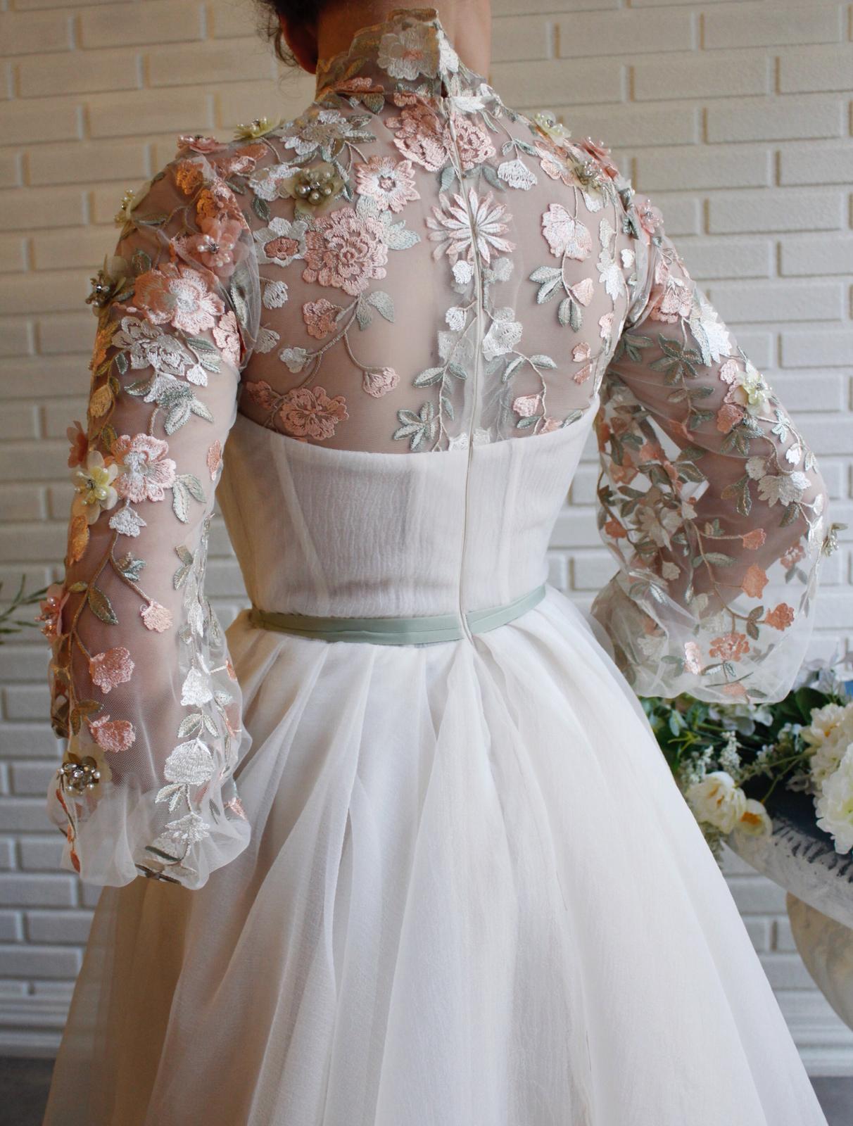 Beige A-Line dress with long sleeves and embroidery
