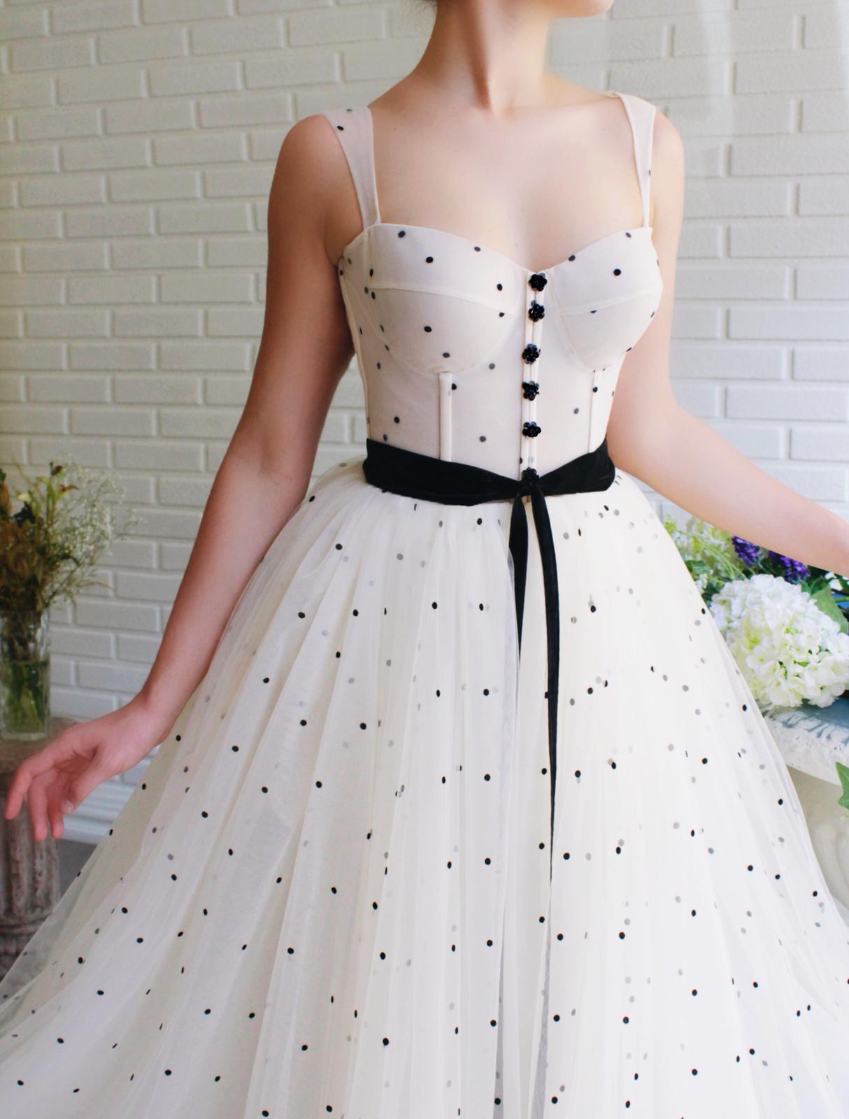 Beige A-Line dress with straps and dotted fabric