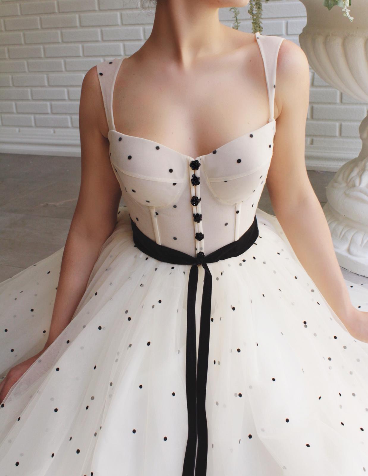 Beige A-Line dress with straps and dotted fabric