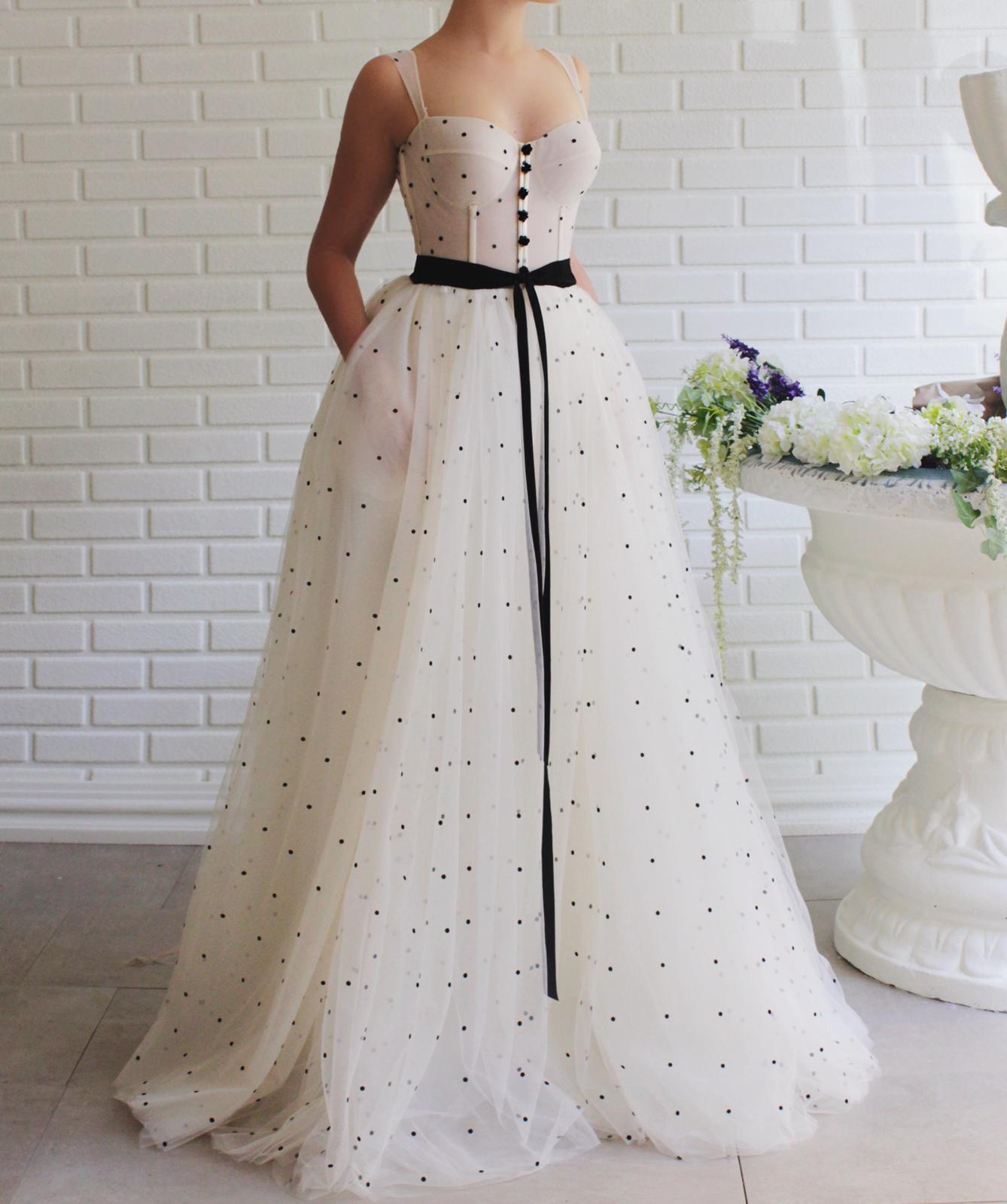 Beige A-Line dress with straps and dotted fabric