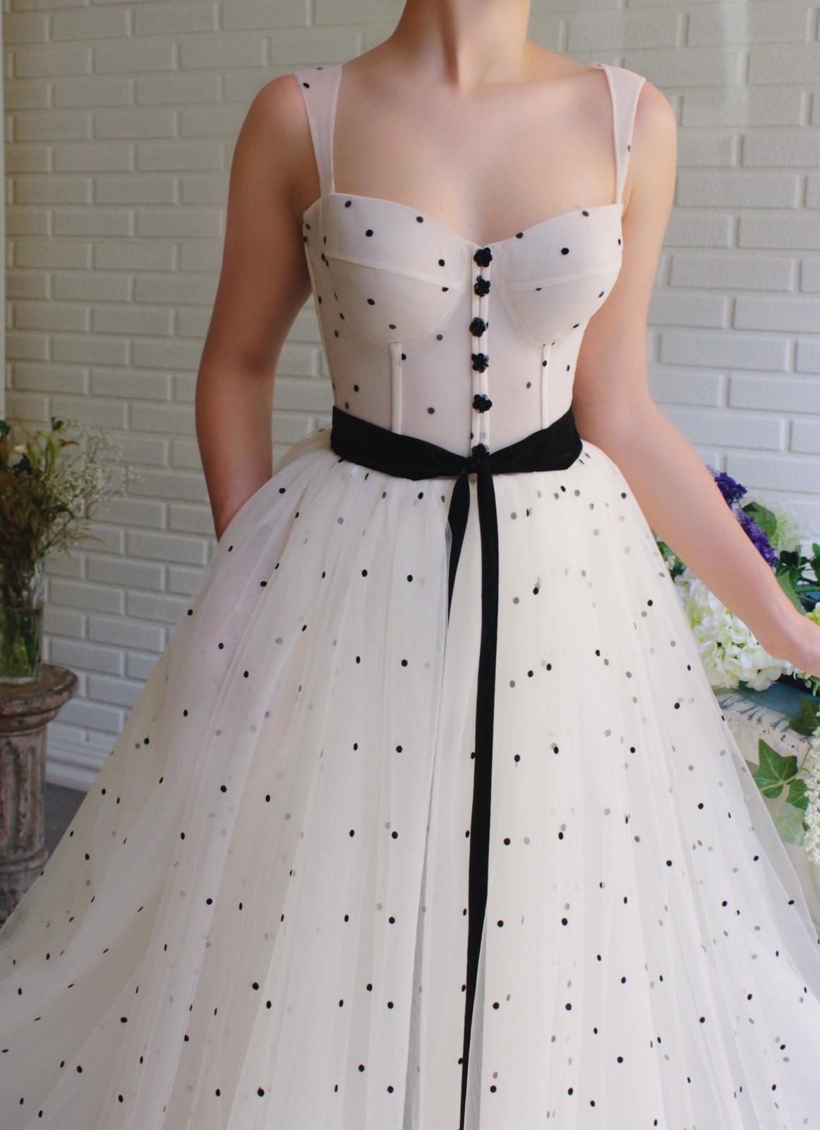 Beige A-Line dress with straps and dotted fabric