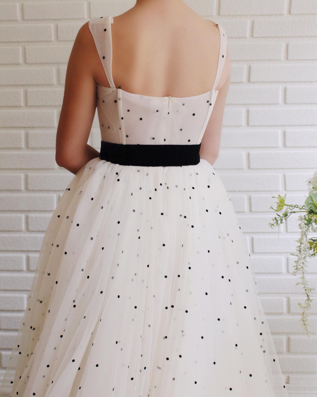 Beige A-Line dress with straps and dotted fabric