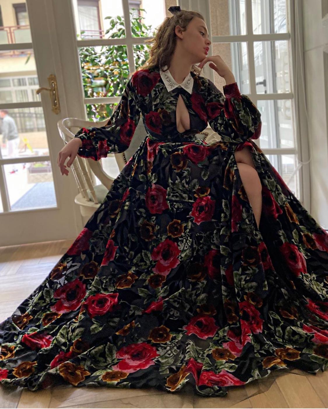 Black A-Line dress with printed flowers and long sleeves