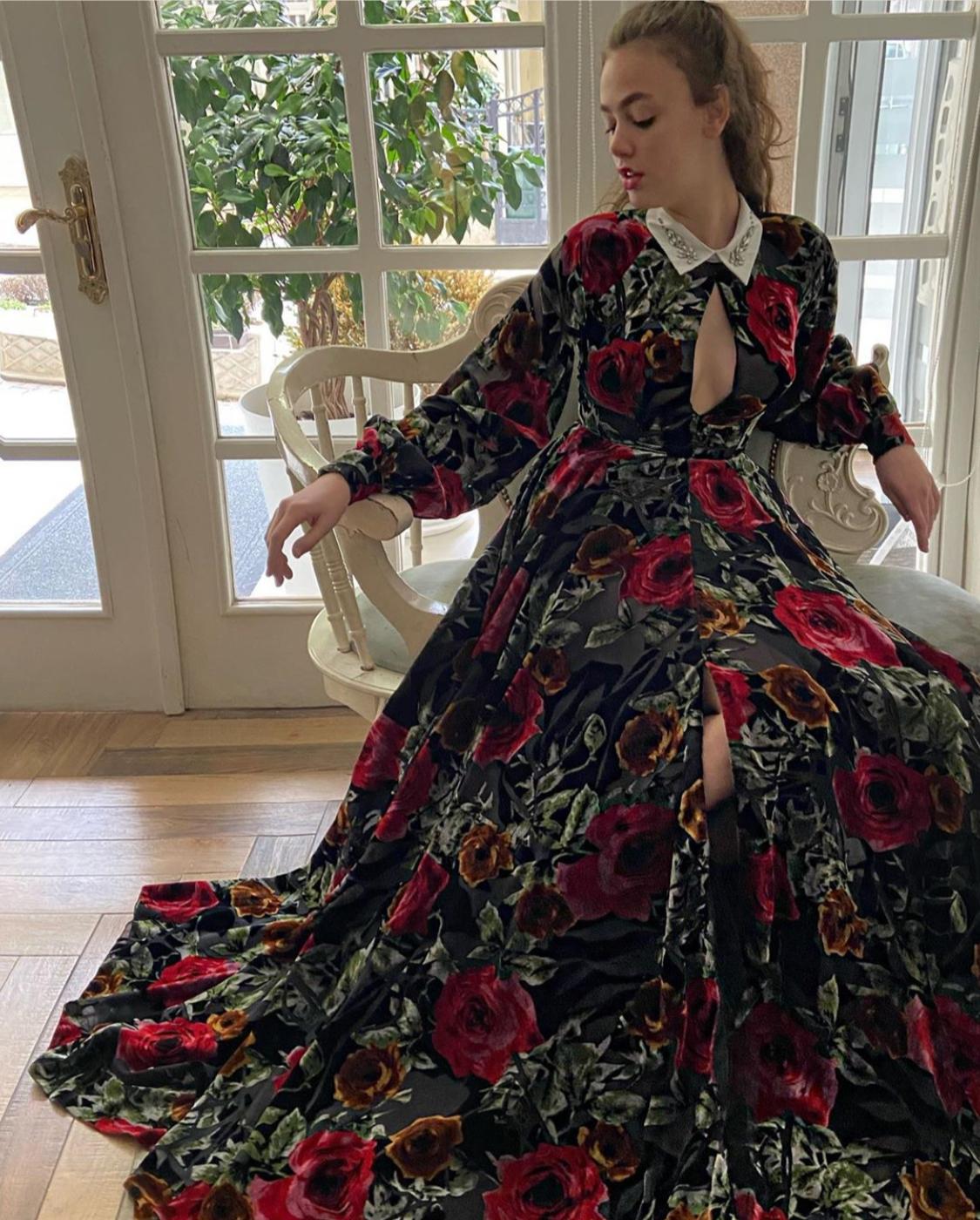 Black A-Line dress with printed flowers and long sleeves