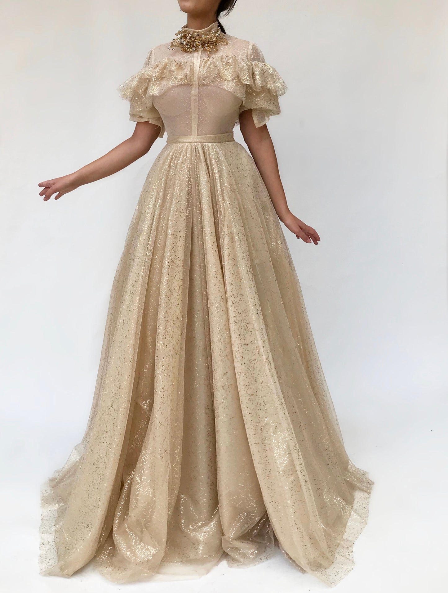 Beige A-Line dress with short sleeves and embroidery