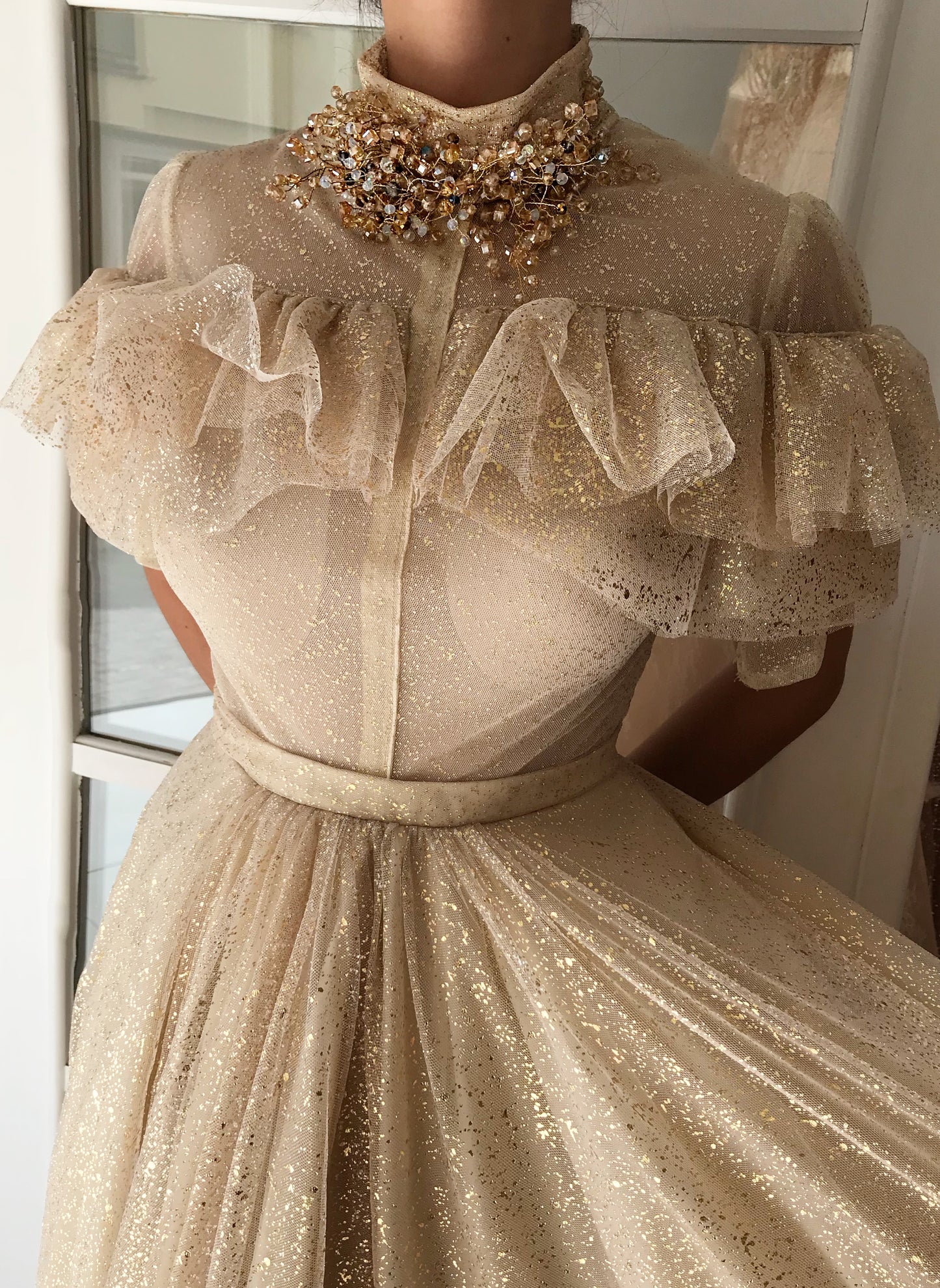 Beige A-Line dress with short sleeves and embroidery