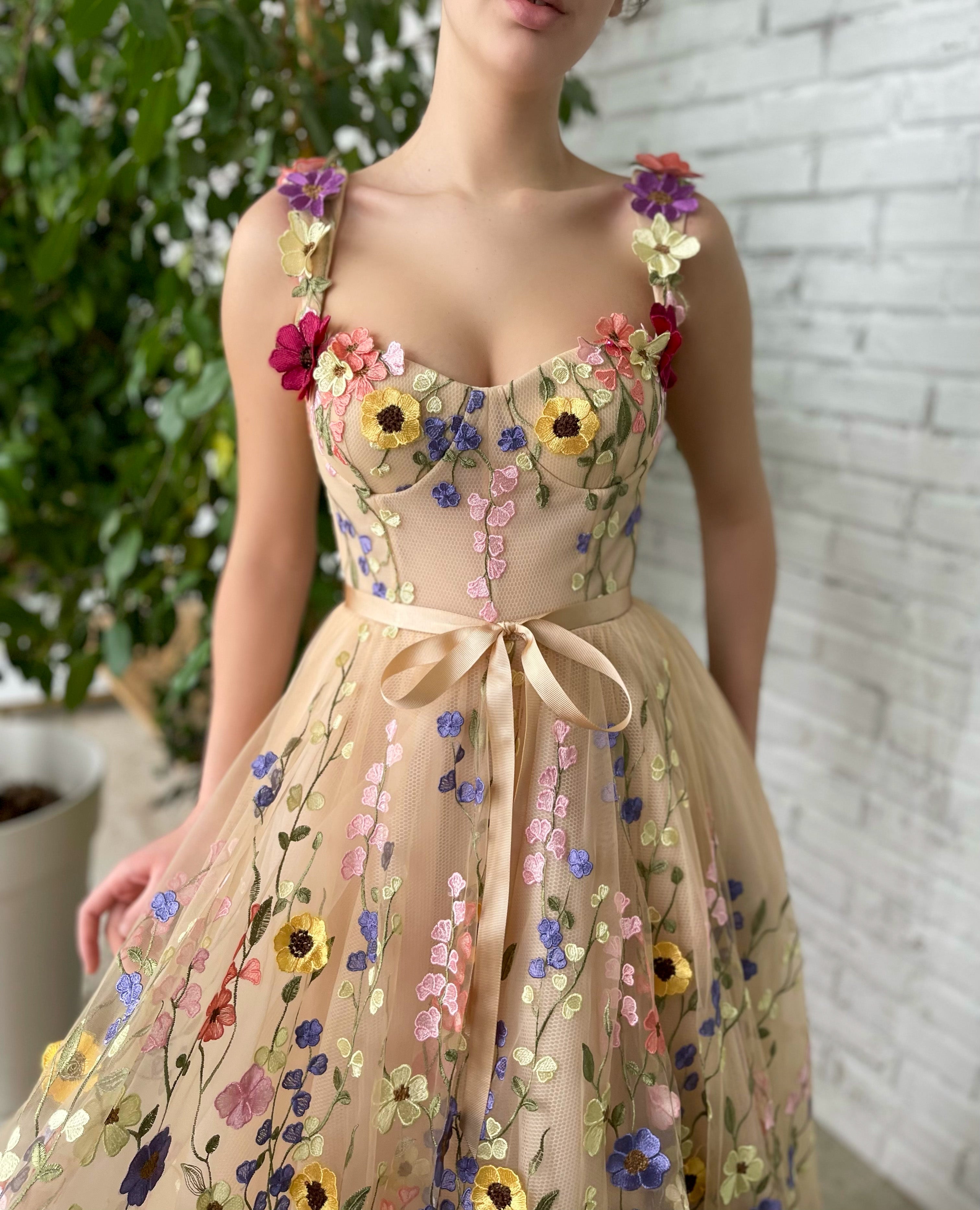 Beige A-Line dress with flowers, spaghetti straps and embroidery