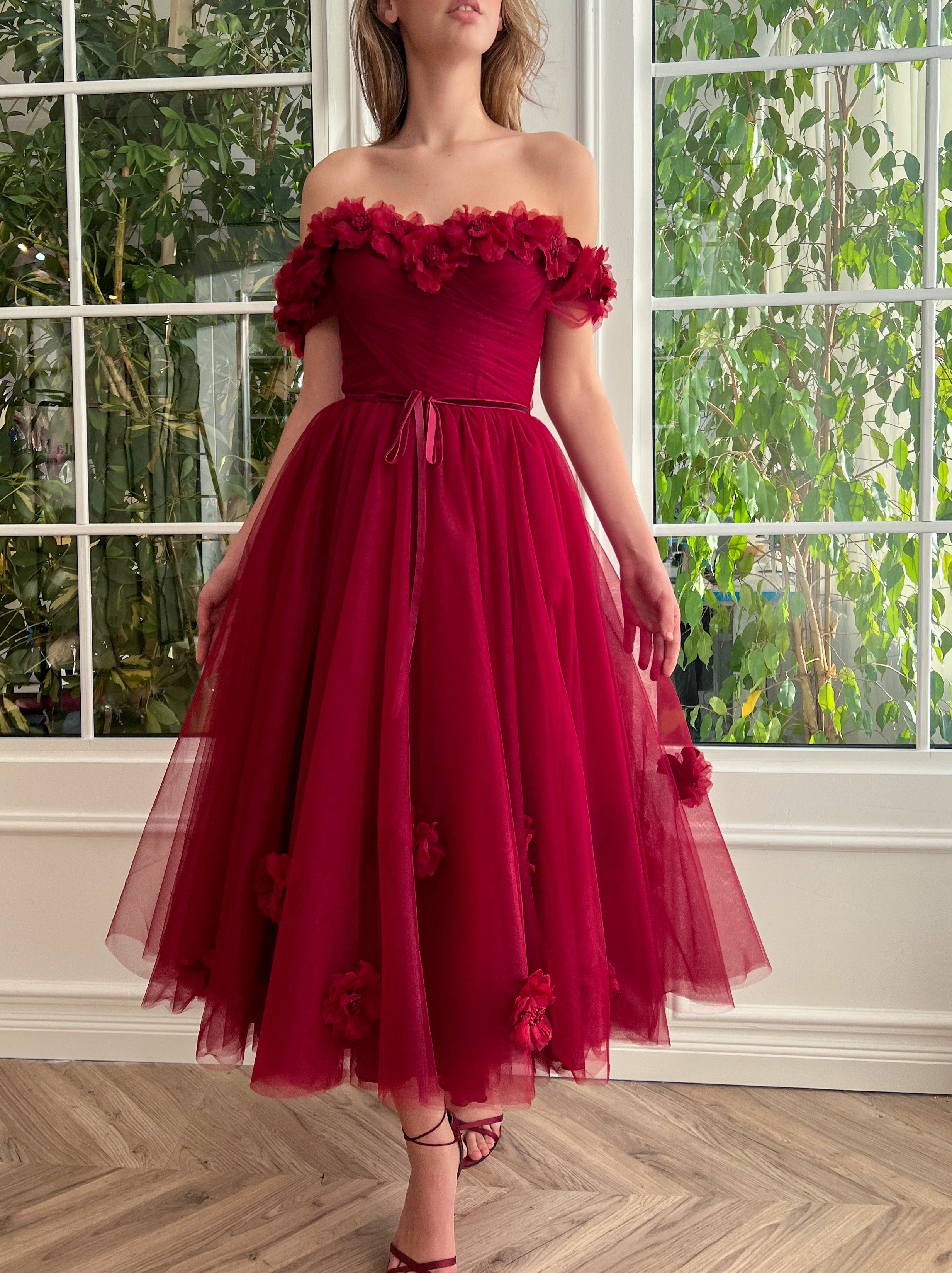 Red midi dress with embroidery, flowers and off the shoulder sleeves