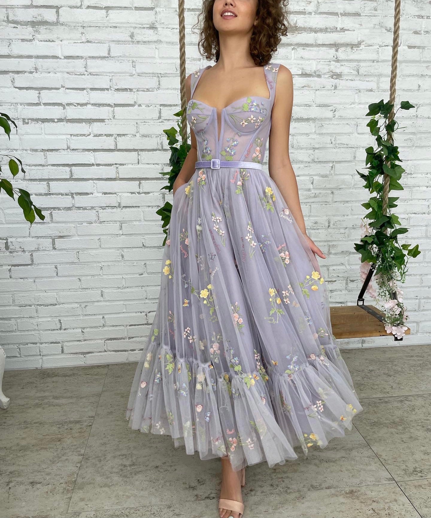 Purple midi dress with belt, flowers and straps