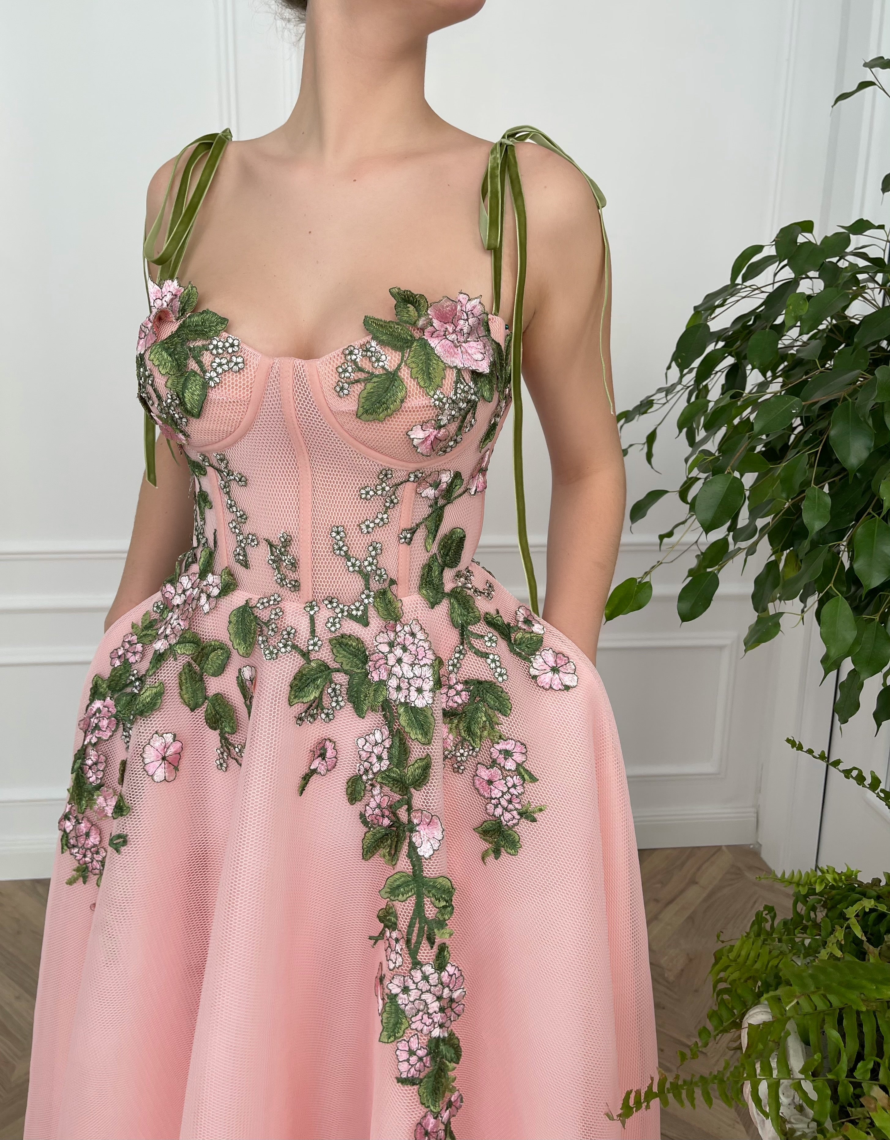 Pink midi dress with embroidery and spaghetti straps