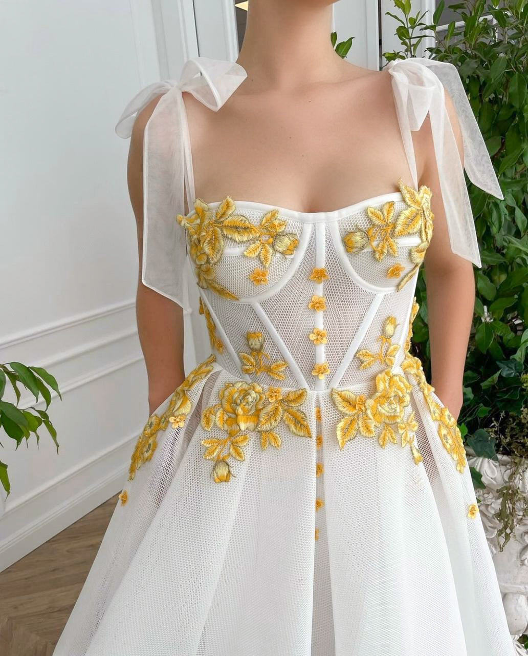 Midi white bridal dress with embroidered flowers and straps
