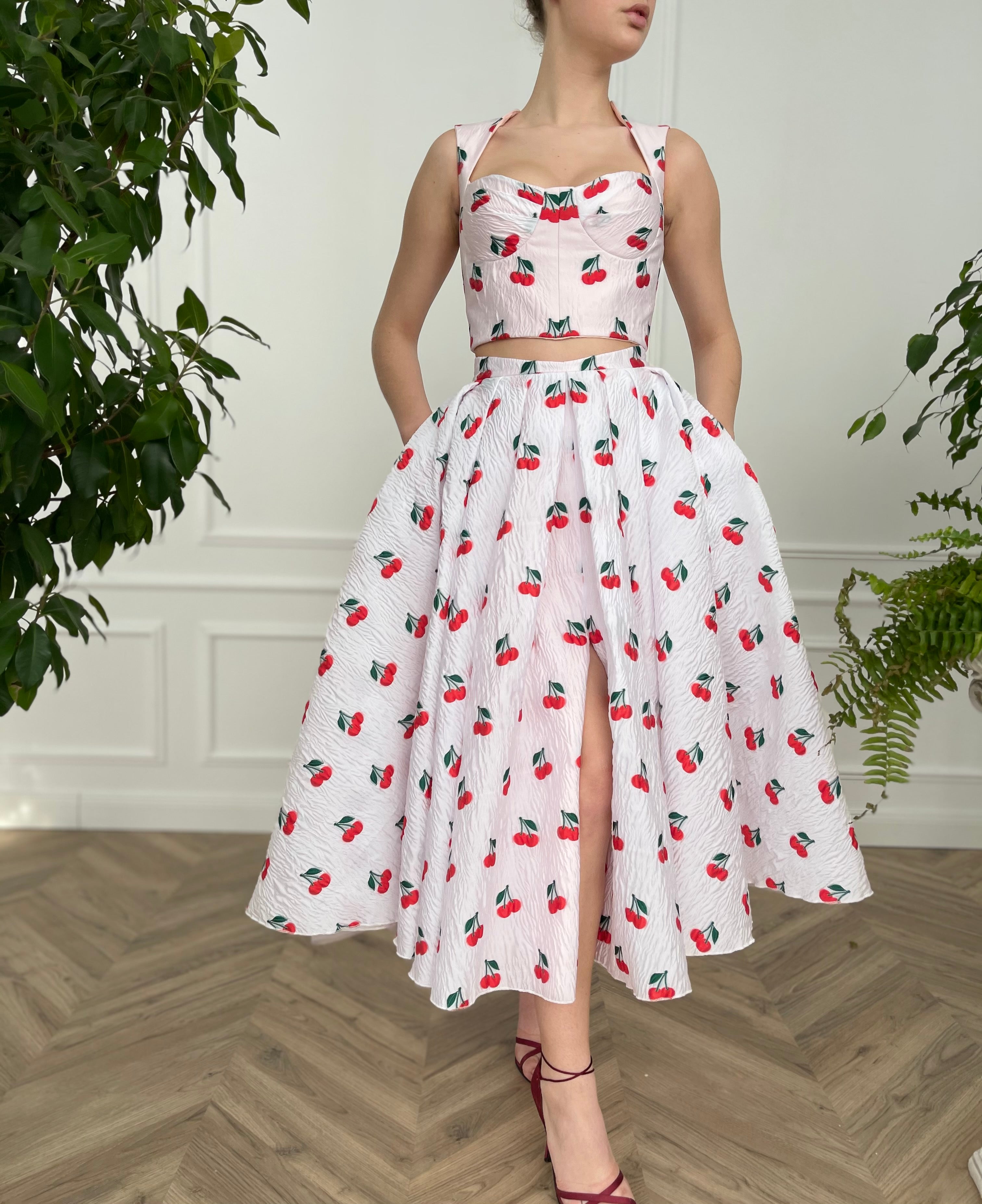 White two piece dress with printed cherries and straps