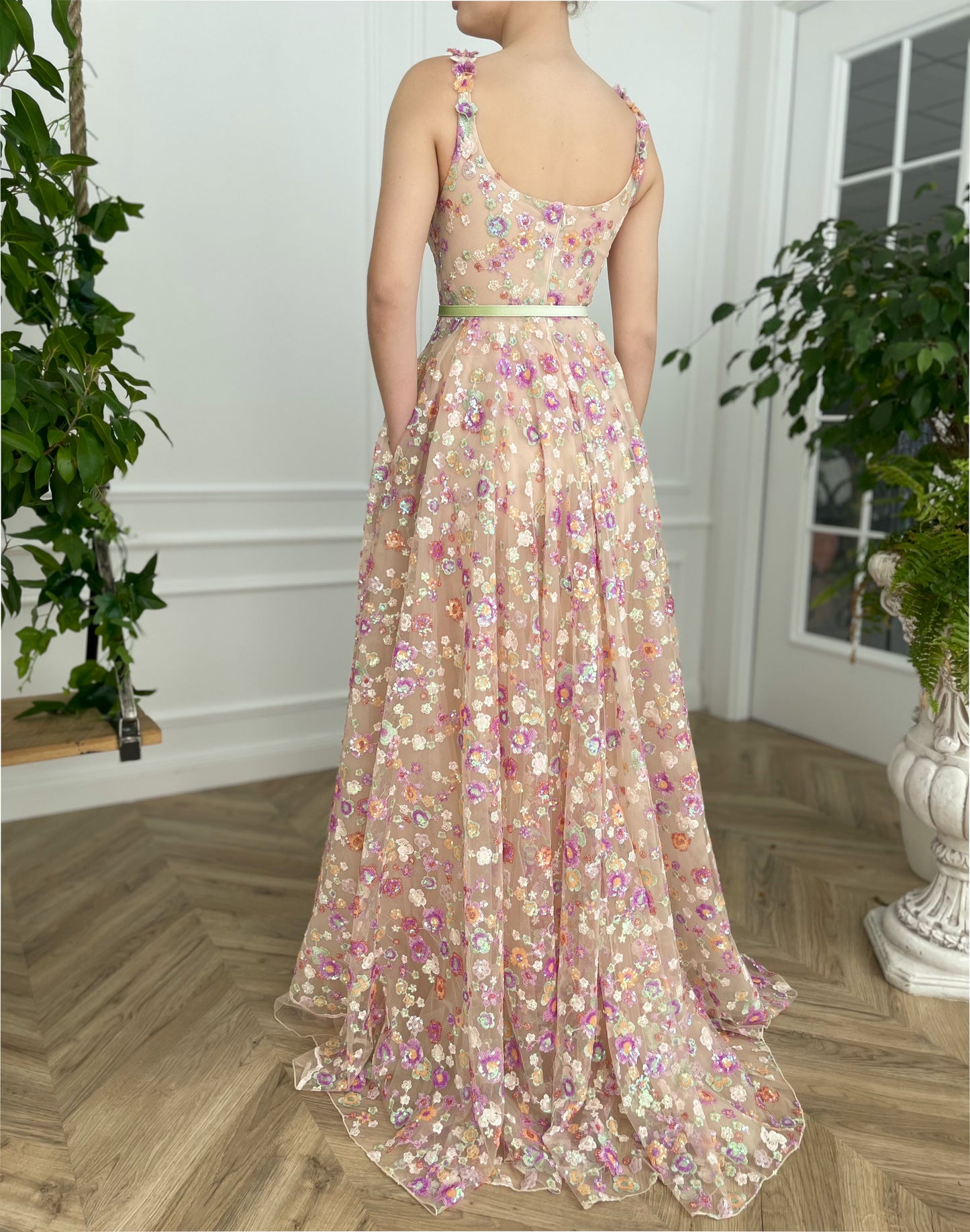 Pink A-Line dress with straps, belt and embroidery