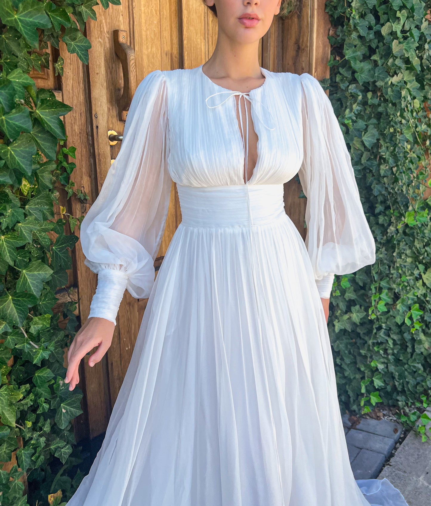 A Line plain white bridal dress with long sleeves