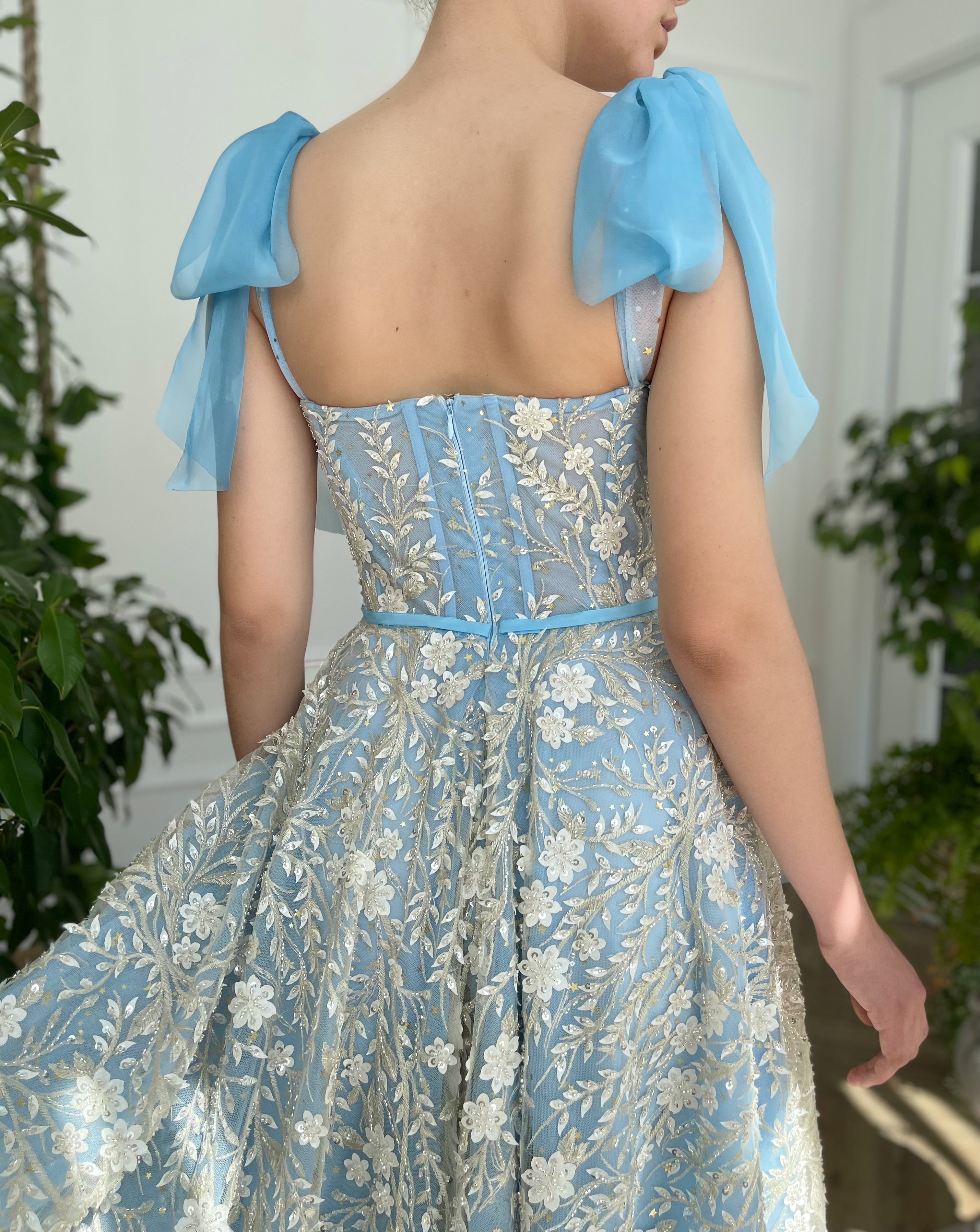 Blue midi dress with bow straps