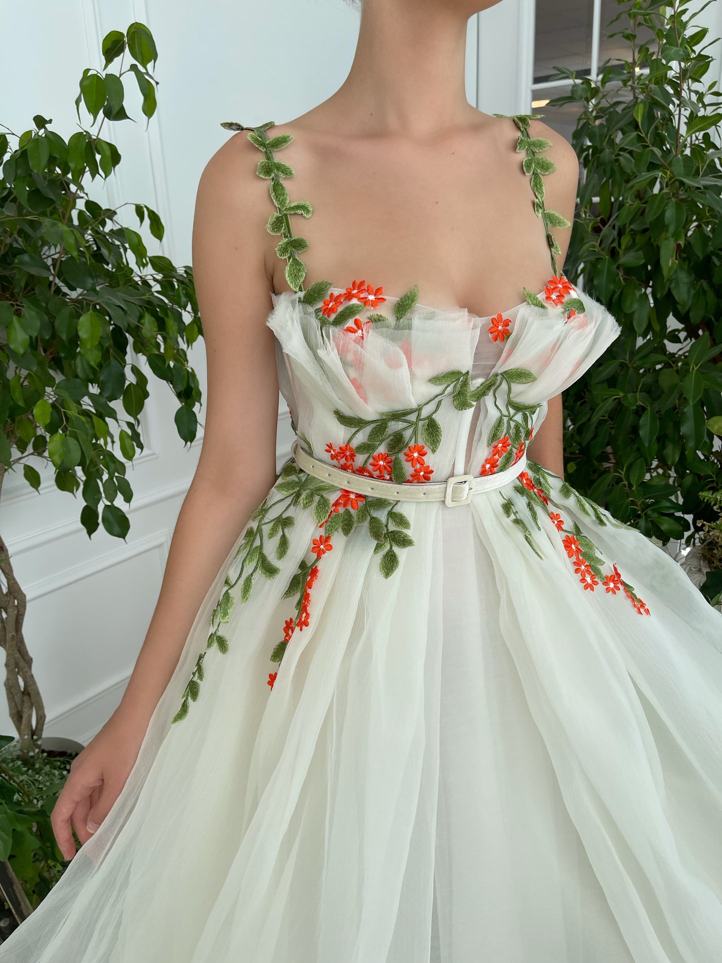White bridal A-Line dress with belt, spaghetti straps and embroidery