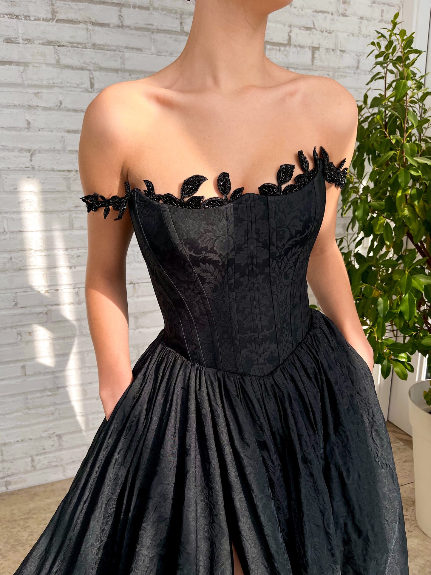 Black A-Line dress with off the shoulder sleeves and embroidery