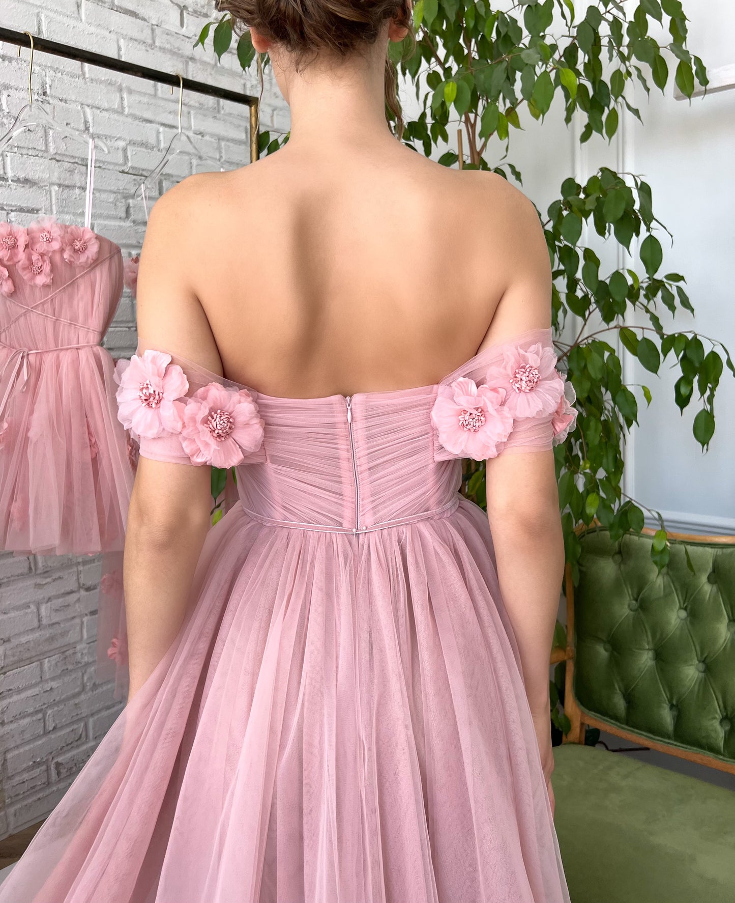 Pink A-Line dress with off the shoulder sleeves, embroidery and flowers