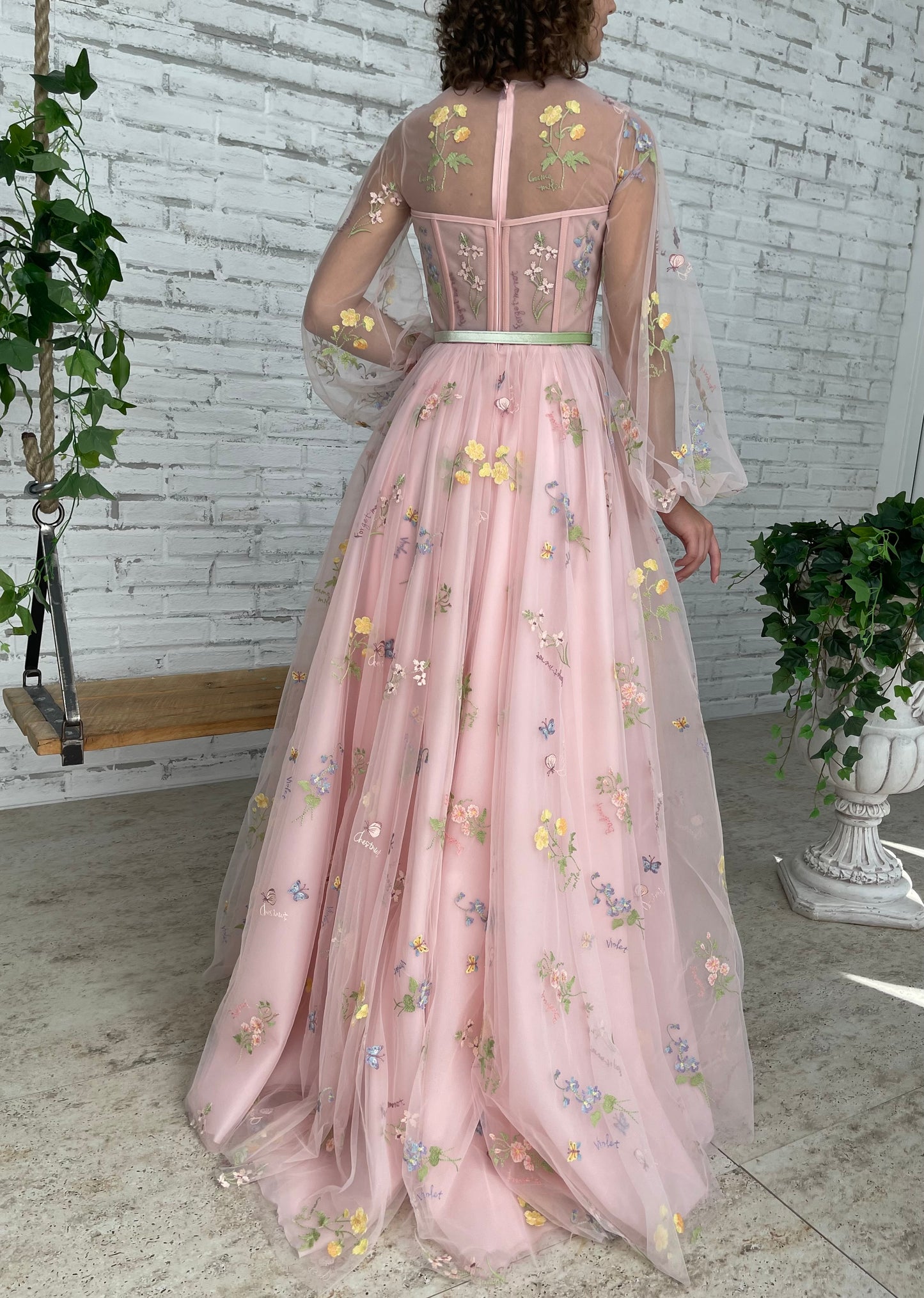 Pink A-Line dress with long sleeves, belt and flowers