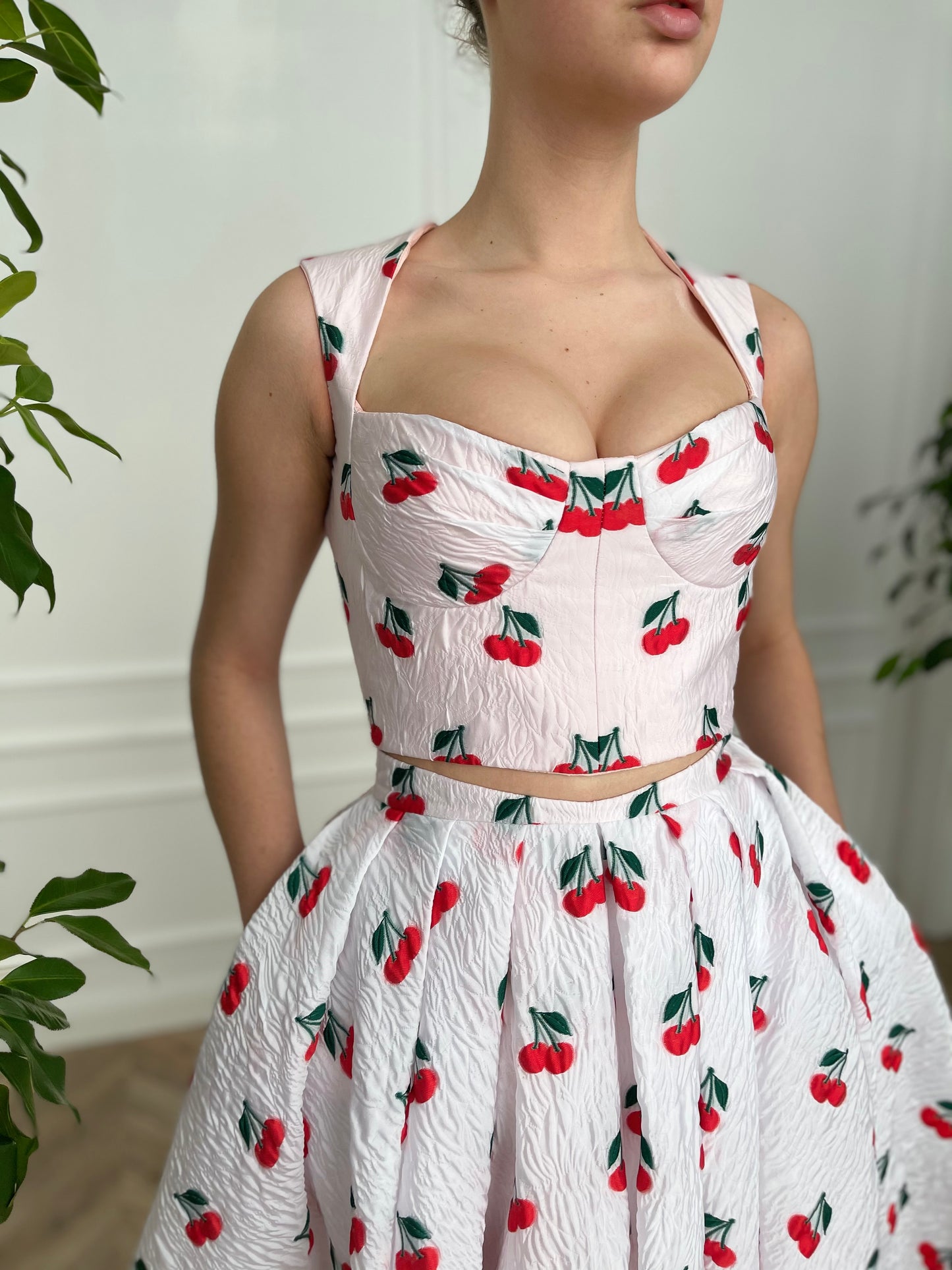White two piece dress with printed cherries and straps