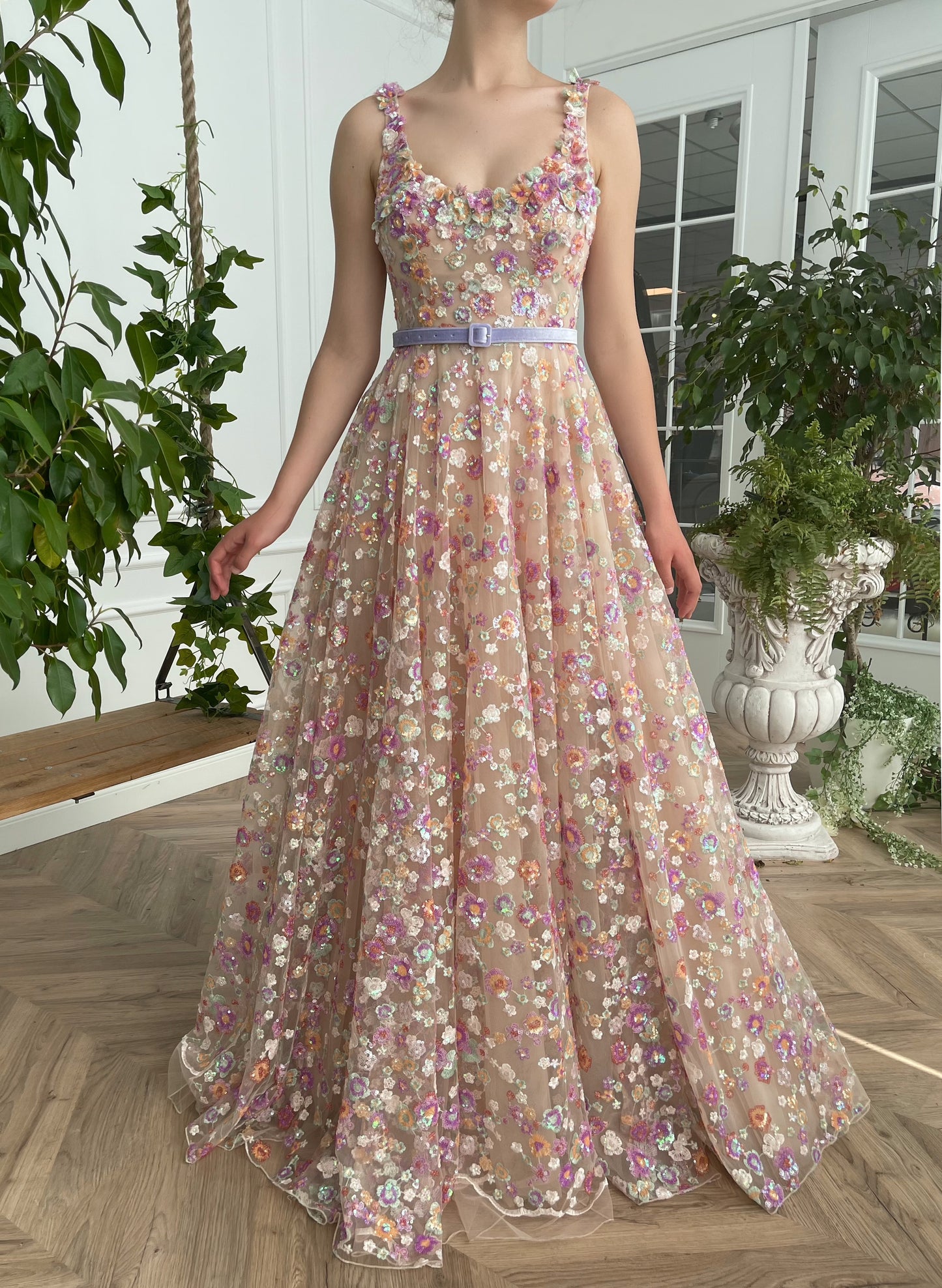 Pink A-Line dress with straps, belt and embroidery