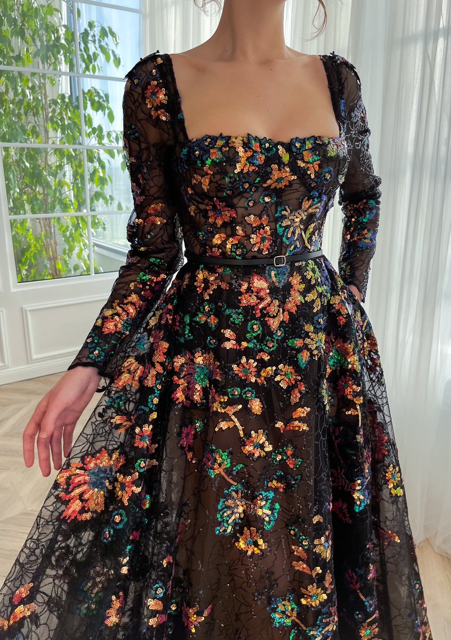 Black A-Line dress with flowers, embroidery, belt and long sleeves