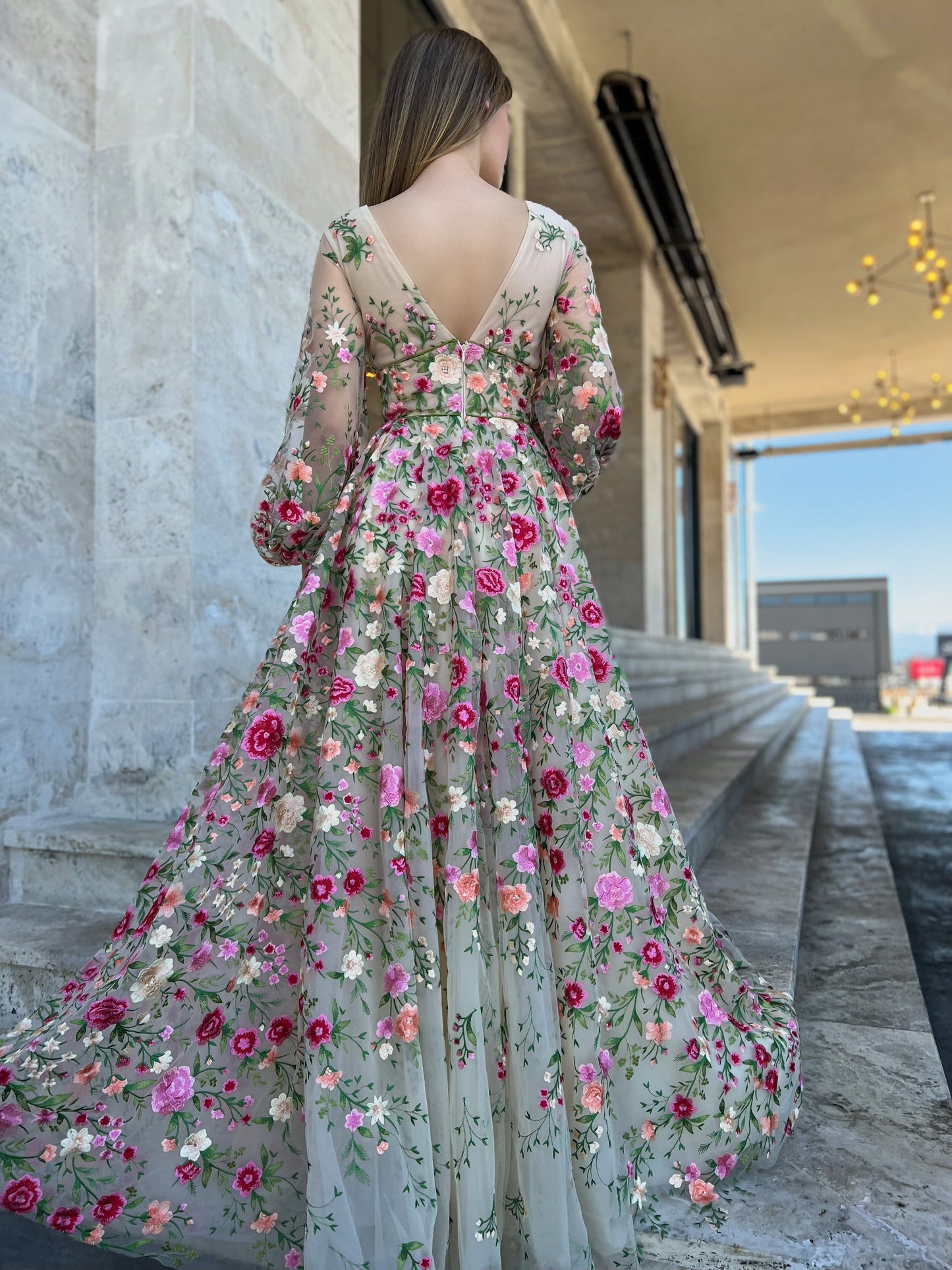 Beige A-Line dress with v-neck, long sleeves, embroidery and flowers