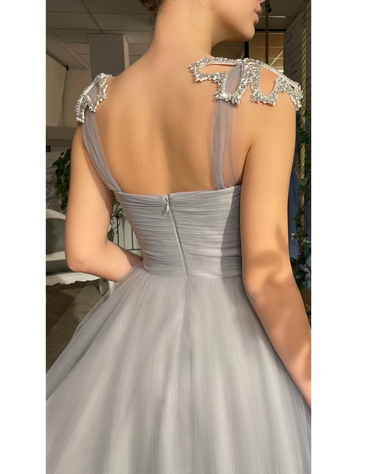 Grey midi dress with straps and embroidery