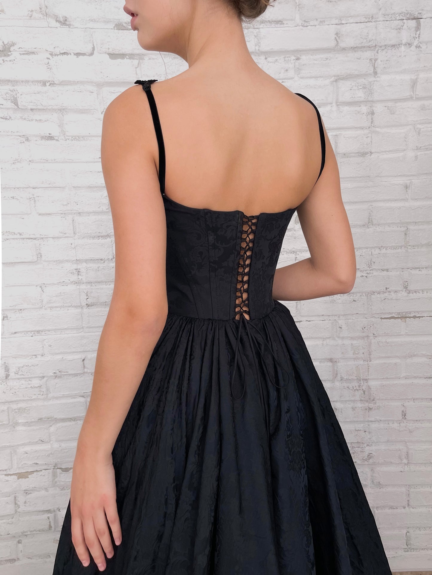 Black A-Line dress with off the shoulder sleeves and embroidery